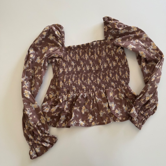 Dizzy Lizzy-Floral Smocked-Long Sleeve Blouse-Brown-Yellow-Cottagecore-Fall-M - Picture 2 of 13